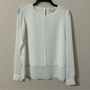 Michael Kors Blouse Cream Sheer High Low Long Sleeve Stud Details Classic Trendy